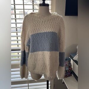 Knox Rose Cream and Light Blue Fuzzy Crewneck Sweater